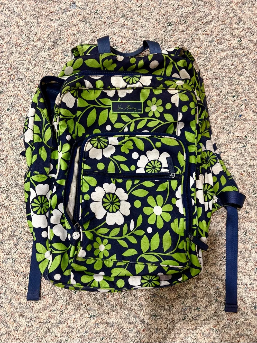 Vera Bradley Navy Floral Backpack with Green and White Pattern